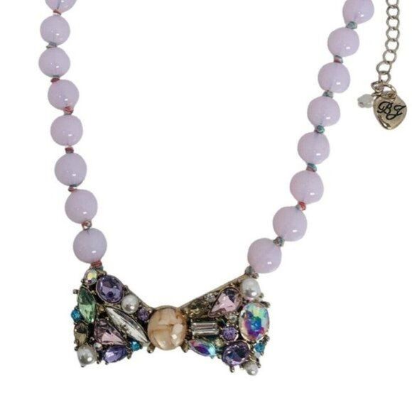 Betsey Johnson Sweet Shop Bow Tie Pink Bubblegum Crystal Gold Tone Necklace 20”